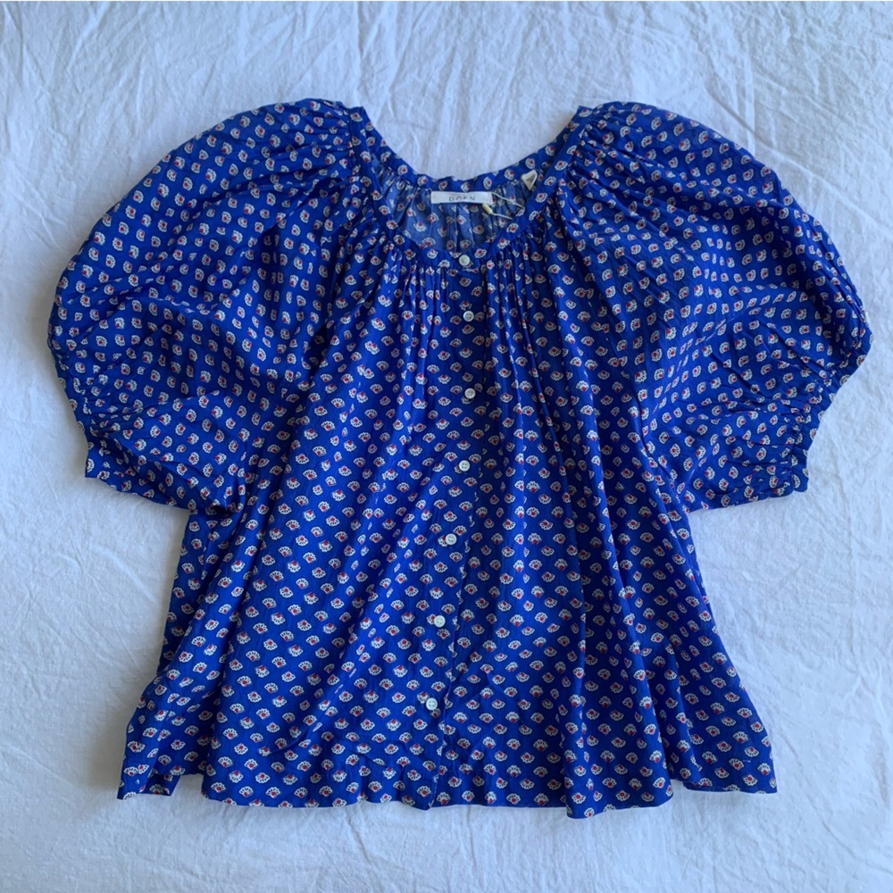 NWT Doen June Cotton Crew Neck Puff Short Sleeve Blouse Top Bord De Mer Blue